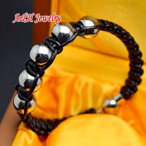 5pcs High Quality Stainless Steel Beads Black Leather Knitted Men Bracelets Magnet Clasp Men Jewelry