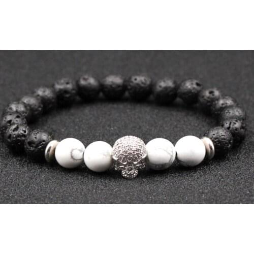 8mm mnfhg3 skull cz zircon cubic zirconia elastic adjusted black volcanic lava Bracelet Stone bead white Howlite gift