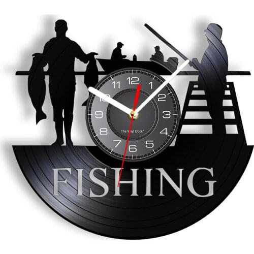Fisherman Lake Scene Home Decor Mute Quartz Wall Clock Fishing Vinyl Record Watch Fishing Retro Clock Fisherman Gifts For Men