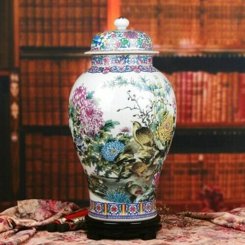 Jingdezhen Ceramics Chinese Classical Pastel Painting Peony porcelain Jar Modern Household ceramic temple jar big