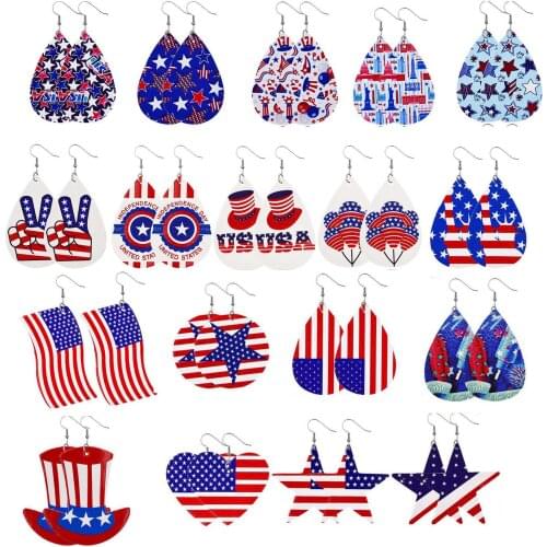 Independence Day Earrings Women Faux Leather Teardrop Earrings American Flag Jewelry Five-pointed Star Double Printed Earrings