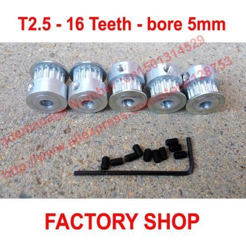 Hot Sale 5pcs 16 teeth T2.5 Timing Pulley Bore 5mm fit width 6mm T2.5 belt For RepRap Prusa Mendel Huxley CNC