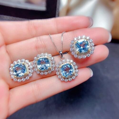 Luxury Jewelry Set Exquisite Square Stud Earrings With Sky Blue Shiny Zircon 925 Silver Rings Charm Necklace For Women Wedding