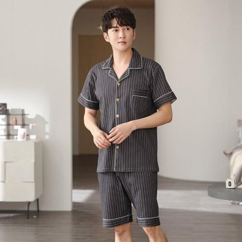Summer Mens Pajamas Set Plus Size M-4XL Cotton Short Sleeve Sleepwear Soft Pyjamas Suit Homewear