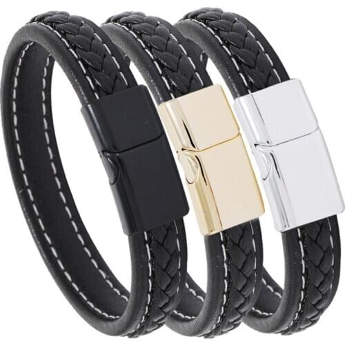 Fashion Black Braided Leather Cuff Bracelet Vintage Weave Charm Magnetic Button Retro Wristbands Bangle Wrap Punk Casual Jewelry