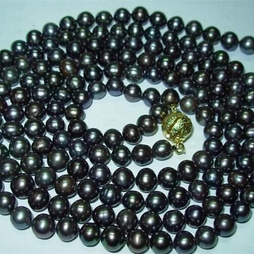 Fashion round beads 7-8mm beautiful black akoya cultured lovely pearl diy necklace making 50"BV426