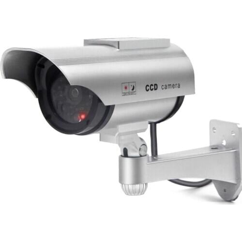 Solar Powered Fake Security Camera Bullet Dummy Surveillance System with Realistic Red Flashing Lights and Warning Sticker