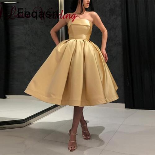 New Arrival Gold Strapless Cocktail Dresses A Line Tea Length Formal Lace up Back Cocktail Party Gown
