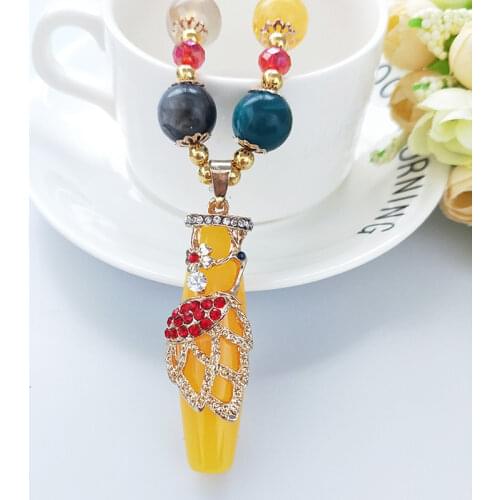 Natural Yellow Chalcedony Hand Carved Cylinder Pendant Fashion Boutique Jewelry Mens and Womens 925 Inlaid Peacock Necklace