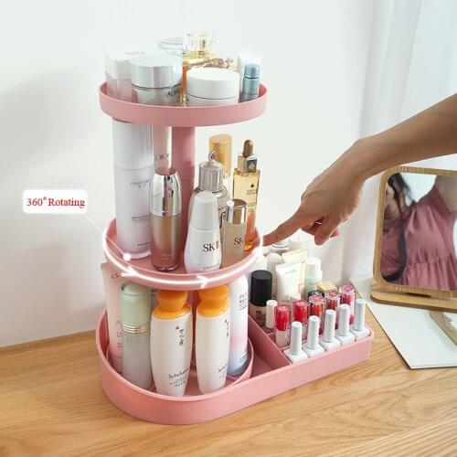 Plastic PP Makeup Organizer 360 Degree Rotating Desk Storage Lipstick Cosmetic Brush Holder 3 Tiers Pink/White/Blue/Green