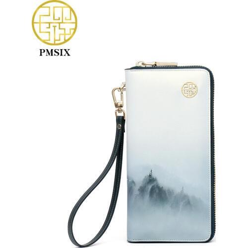 Pmsix 2020 New Fashion Landscape Printed Leather Women Wallet Elegant Long White Ladies' clutch Bag Coin Card Holder Purse