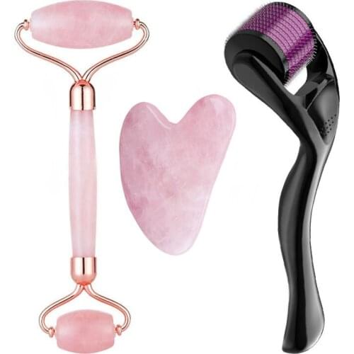 Rose Quartz Roller Natural Jade Roller Slimming Massager Microneedle Roller Jade Spatula Three-piece Skin Care Facial Massager