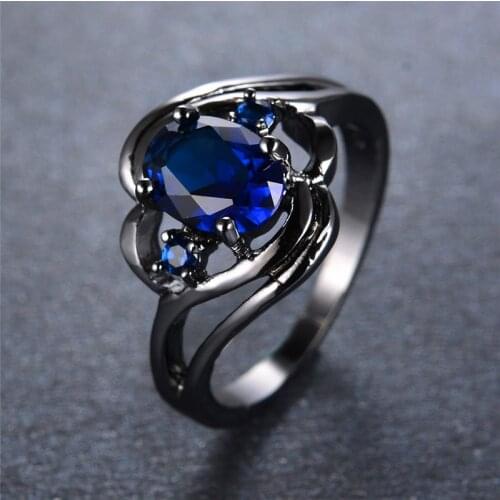 Luxury Female Blue Oval Stone Ring Vintage 14K Black Gold Wedding Rings For Women Promise Love Engagement Ring