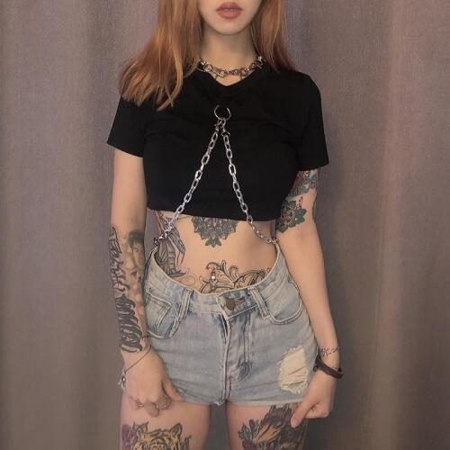 Streetwear Punk Tshirt Women Chain Decoration Women Shirts Grunge Tee Summer Fashion Tumblr Hipster Outfit