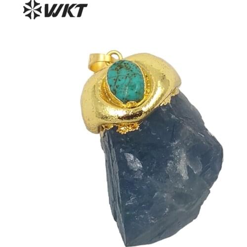 WT-P1654 Wholesale gold Aqua rainbow fluorite stone pendant with turquoise charm vingate boho raw stone flue fluorite pendant