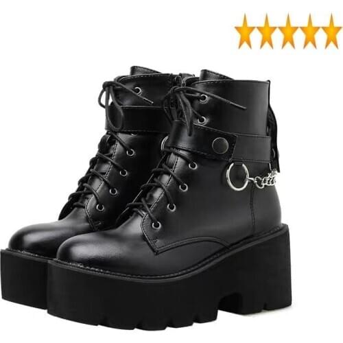 Fashion Gothic Women Punk Chain Motorcycle Short Casual Height Increasing Lace Up Round Toe Platform High Heel Boots