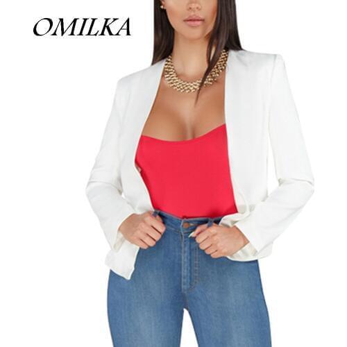 OMILKA 2018 Summer Women Long Sleeve Cardigan OL Work Blazer Elegant White Black Rose Lady Short Basic Outwear Workwear