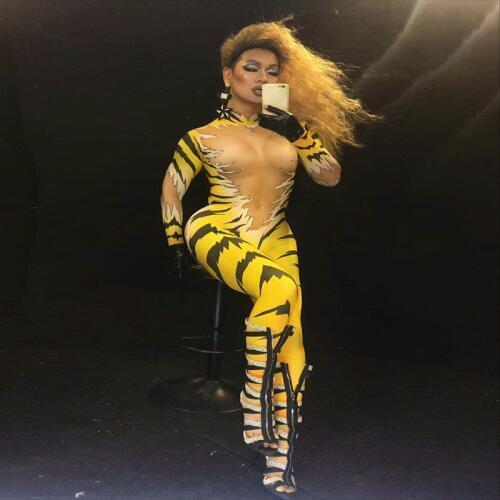Women New Tiger Pattern Sexy Rhinestone Jumpsuit Stretch Sexy Bodysuit Womens Stage Costume One-piece Printed Skinny Rompers