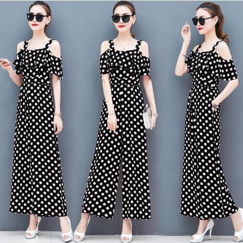 Womens Summer 2021 New Loose Jumpsuit Chiffon Fashion Off Dot Printed Shoulder Strap High Waist Wide Leg Pant Outfits For Women