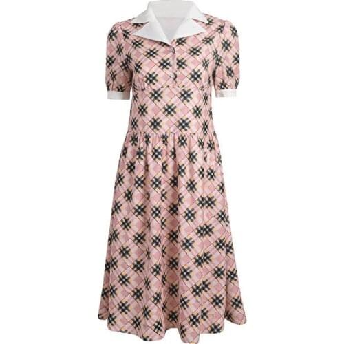 2021 Summer New Vintage Puff Sleeve Chiffon Plaid Dress Long Dress Elegant Fashion Women