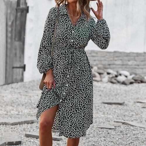Dresses For Women Office Lady Long Sleeve Shirt Dresses Vintage Elegant Polka Dot Chiffon Pleated Midi Sundress With Belt