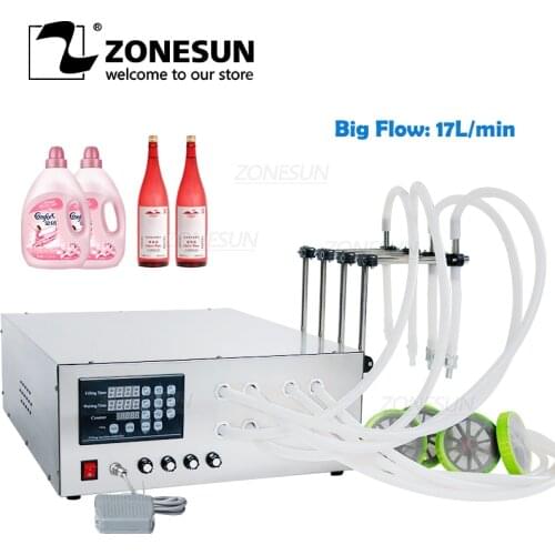 ZONESUN Semi-Automatic Big Flow Four Nozzles Liquid Water Beverage Detergent Edible Oil Filling Machine