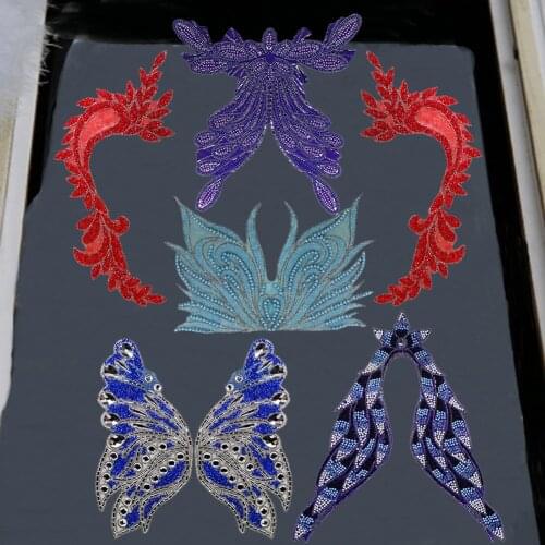 1piece Large Flower Wing Design Bead Hot Fix Motif Rhinestones Neck Collar Iron on Cord Applique Patches Stickers Clothes T2751