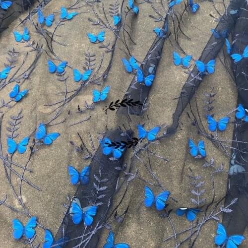 1Y/Lot Dark Blue Translucent Mesh Embroidery 3D Blue Butterfly Sewing Lace Fabric For Women Dress Accessories
