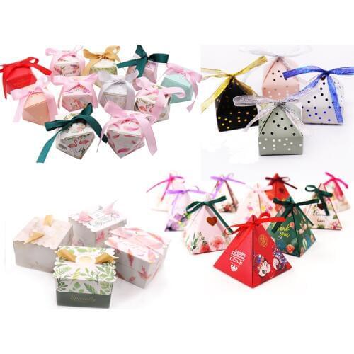 10pcs Paper Triangular Pyramid Flower Candy Box Gift Box For DIY Birthday Baby Shower Wedding Festival Christmas Party Decor