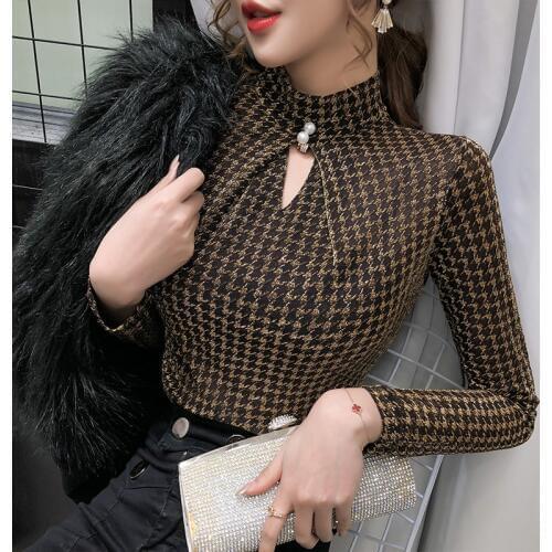 2021 Spring Summer Elastic Shiny Clothes Houndstooth T-shirt Sexy Hollow Out Women Tops Ropa Mujer Bottoming Shirt Tees T02313