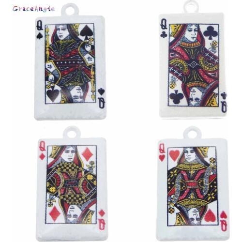 GraceAngie 4pcs Q King Queen Poker Card Pendant Mixed jewelry Accessory Enamel Charms DIY Cute jewelry making 26*15mm