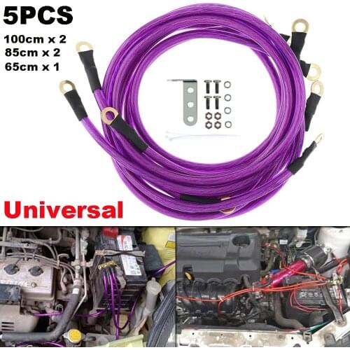 5PCS Professional Purple Universal 5-Point Car High Performance Battery Ground Grounding Earth Cable Wire Improve Power System