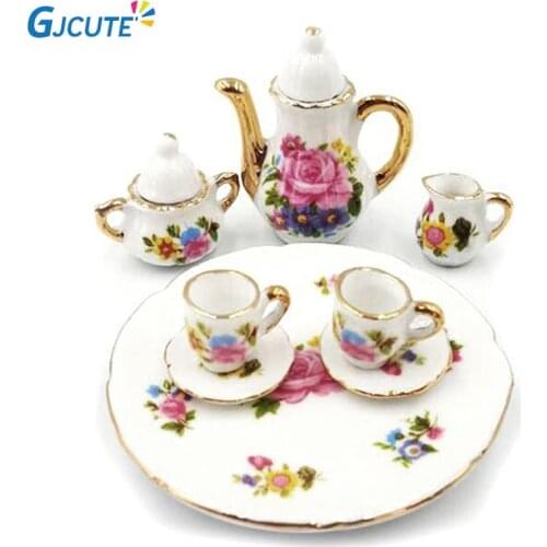 8Pcs Miniature Dollhouse Dinnerware Porcelain Tea Set Tableware Cup Plate Colorful Floral Print Furniture Toy