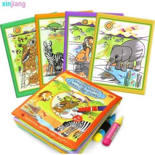 Animal Water Drawing Books Water Coloring Notebook & 2 Magic Pens Soft Cloth Book Painting Books Educational Toys for Children