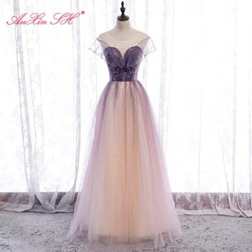 AnXin SH princess purple lace evening dress vintage party o neck beading crystal sparkly ruffles bride a line evening dress