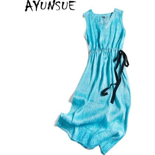 AYUNSUE Summer Dress 2021 Long Silk Linen Dress Woman Elegant V Neck High Quality Party Dresses for Women Korean Vestidos KJ7068