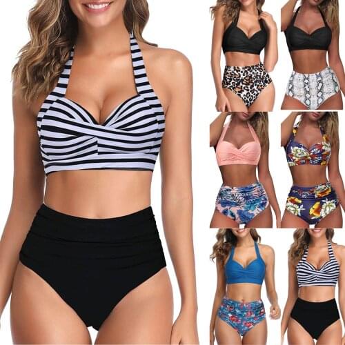 Off Shoulder Bikini 2021 Floral Printed Swimsuit Women Bandeau Swimwear Lace Up Bandage Biquini Vintage Bathing Suit Bikini Set