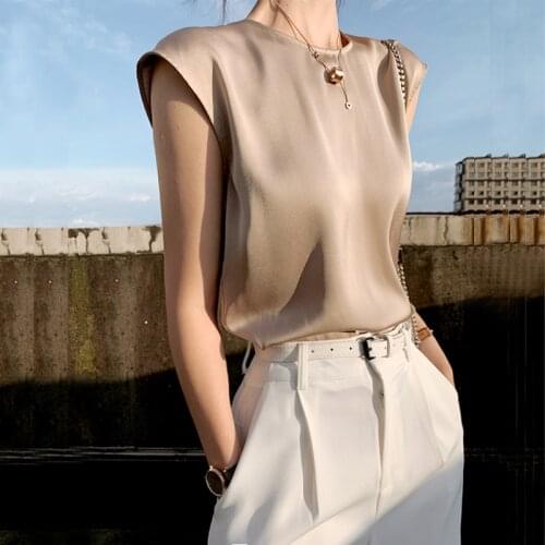 Womens Elegant Blouse Summer Office Satin Silk Blouses Basic Solid Casual Chiffon Shirt Top Plus Size O Neck Vests for Women