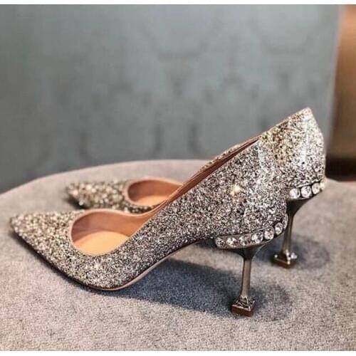 Carpaton Newest Thin heels Shoes Woman Sexy Pointed Toe Silver Glitter Embellished Party Wedding Heel Shallow Dress Shoes