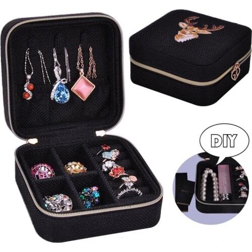 New Stag Embroidery Zipper Portable Jewelry Storage Box Display Holder Earring Ring Necklace Case Women Gift