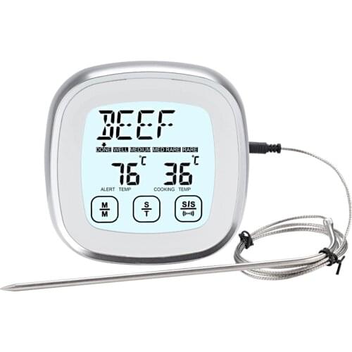 Digital Meat Thermometer for Oven BBQ Grill Kitchen Food Smoker Cooking Backlight Touchscree with Timer Alarm A Waterproof Probe