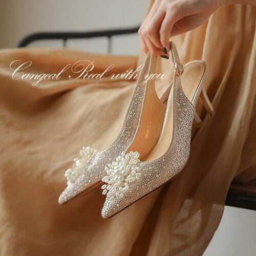 Fericzot 2021 Exclusive Wedding Party Shoes Beautiful Rhinestone Flowers Pointed Toe Buckle Sandals Thin Heel for Night Party