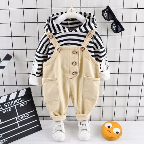 Girls Boys Clothes Baby Hooded T-shirt Clothing Set 2021 Fashion Striped Toddler Kids T Shirt + Overalls 1 2 3 4 Years
