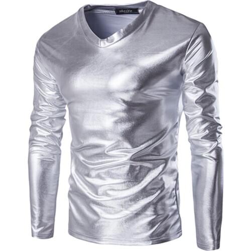 Hipster Men Sexy Faux Leather Shiny T-shirt Casual Long Sleeve V-neck Solid Color Undershirt Top