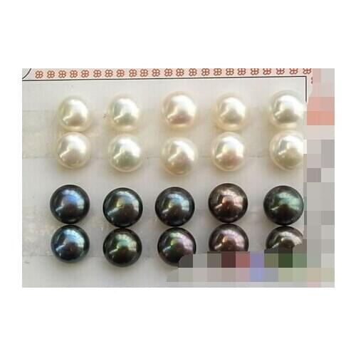 Hot sell new - free shipping 10 PAIR 9-10mm BLACK WHITE ROUND FRESHWATER PEARL EARRING