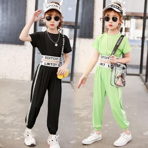 Teens Clothes Set Sport Korea Style Letters Print Two Piece Crop Top Pants Set Purple Black Sports Suit for Children 11 13 14 Y