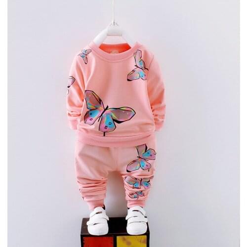 Spring autumn baby girl clothes set butterfly print cute casual sports suit baby girl cotton pullover sweater pants 2 piece suit