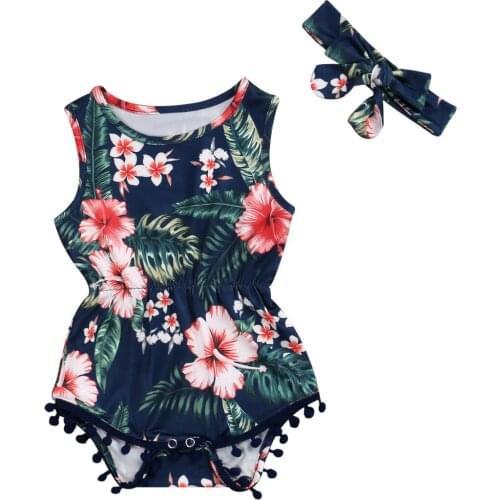 Fashion Baby Girl Sleeveless Jumpsuit Flower Print Tassel Decoration Elastic Waist Summer Child Clothing Bodysuits