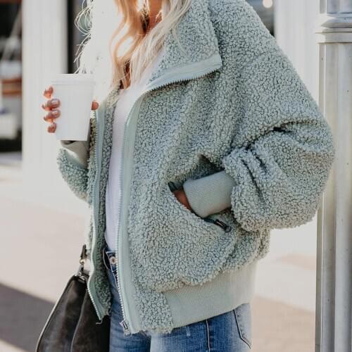 Fashion Women autumn and winter thick lamb wool coat Solid Color Zipper Pockets Long-Sleeved Warm Comfortable Ladies Jacket