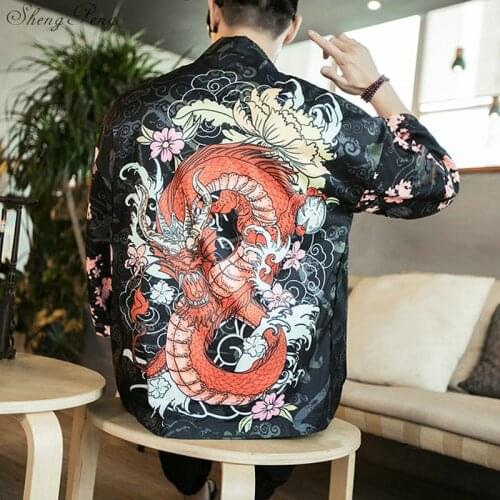 Mens kimono jacket thin cardigan shirt Japanese style male kimono cardigan men dragon print streetwear samurai costume G044